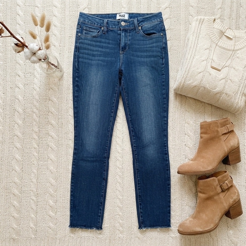 Paige Verdugo Ankle Skinny Jeans Raw Hem Dark Wash Blue Denim Size 27